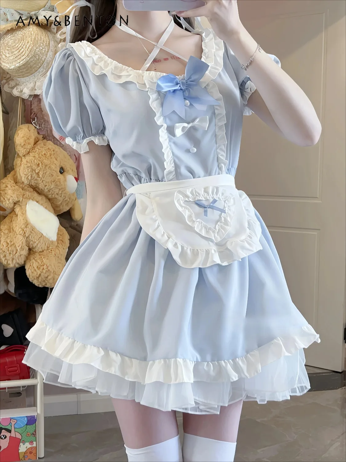 

Summer New Sweet and Cute Princess Style Girl Pink and Blue Short Lolita Maid Dress White Stockings Versatile Bustle Set