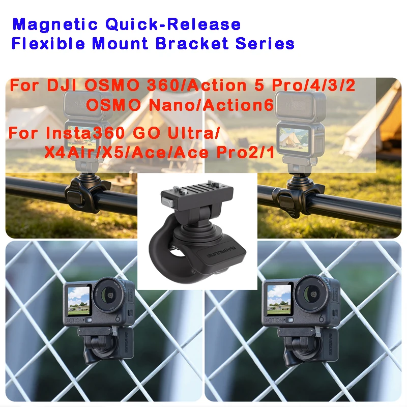 Sunnylife For DJI OSMO 360/Action 5 Pro/4/3/2/Nano/Action6 Magnetic Adjustable Bracket For Insta360 GO Ultra/X4Air/X5/Ace Pro2/1
