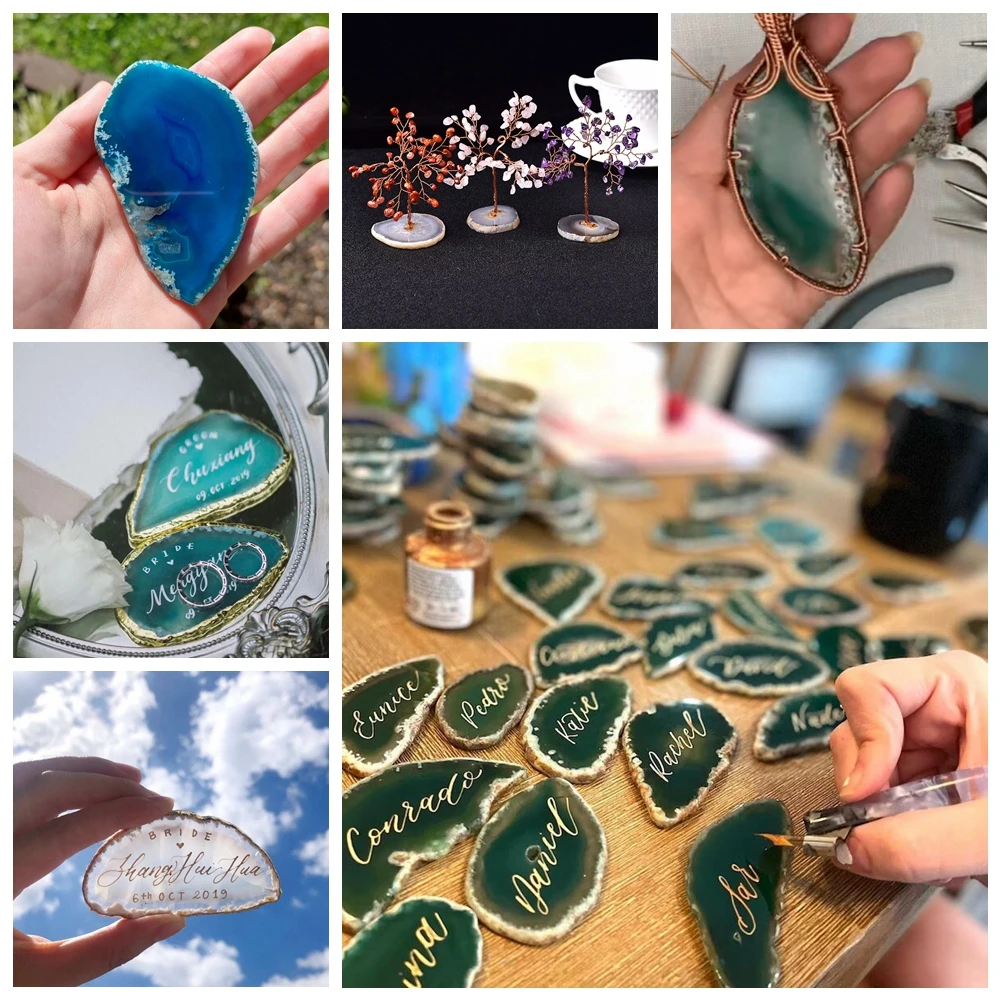 Wholesale 10PCS Agate Slice Colorful Agates Calligraphy Name Cards No Hole Slab Wedding Place DIY Card For Home Decoration Gifts
