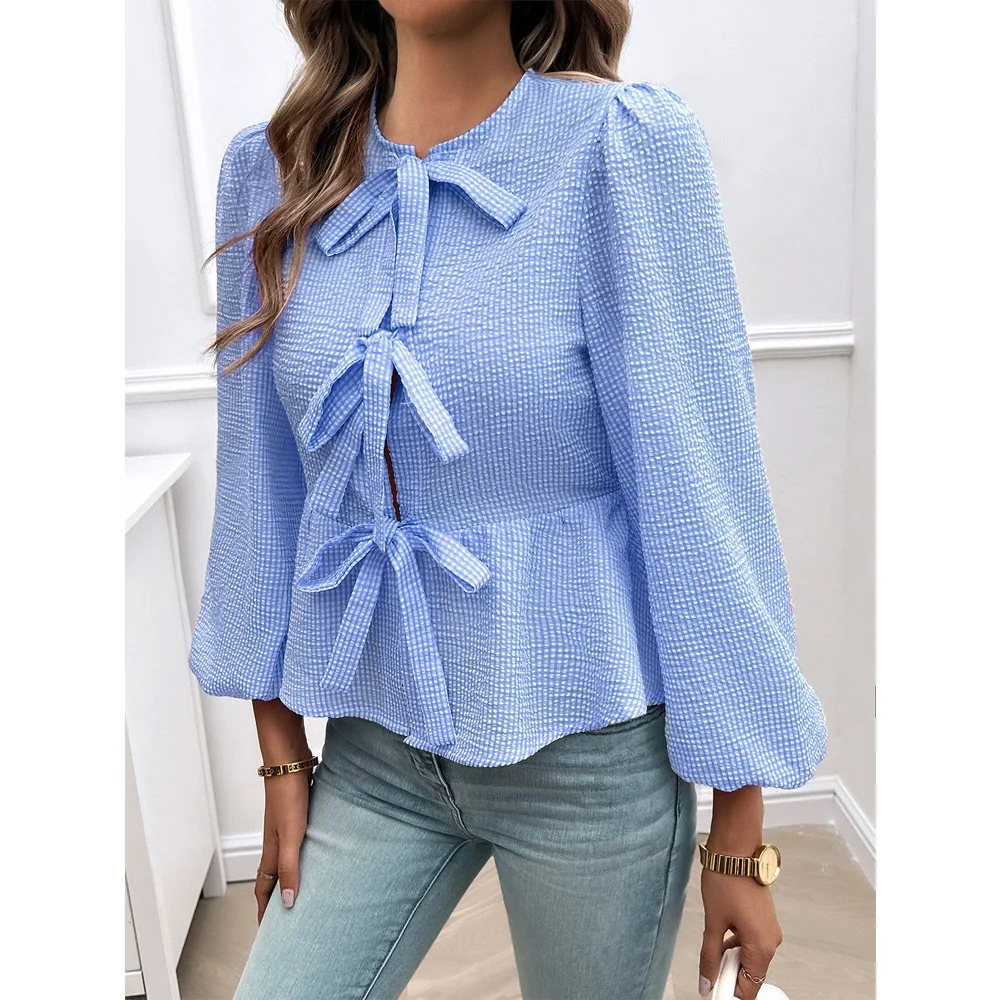 Women Autumn Spring Blouses and Shirts Ladies O-neck Puff Sleeve Casual Loose Tops Shirt