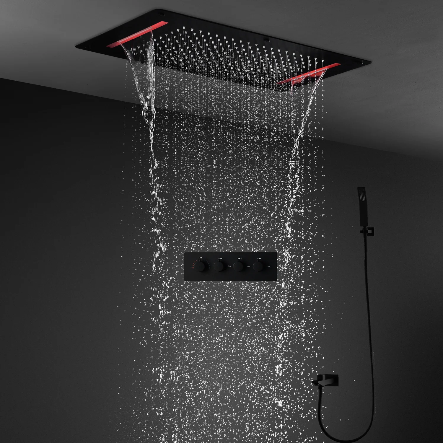 Imagem -02 - Matte Black Led Shower System Conjunto 700x380 mm Chuva Cachoeira Chuveiro Cabeça Misturador Termostático Válvula Desviador Torneiras Alta Qualidade hm