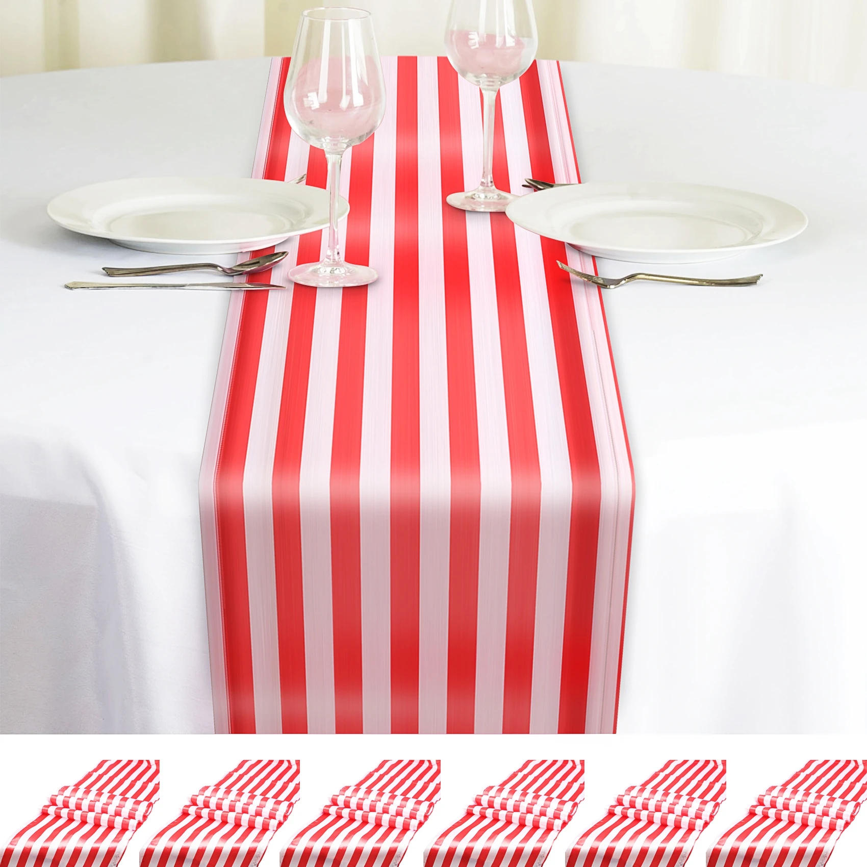 6 Pieces Striped Table Runner Wedding Polyester Table Decor Red White Striped Design Tablecloth Decor 12 x 108 Inch