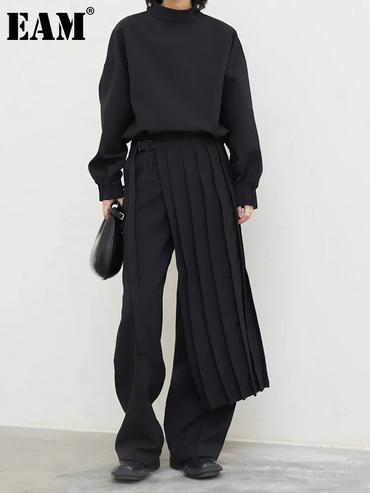 [EAM] Pleated Sweatshirt Wide Leg Pants Three Piece Suit New Round Neck Long Sleeve Women Fashion Spring Autumn 2024 1DH1410