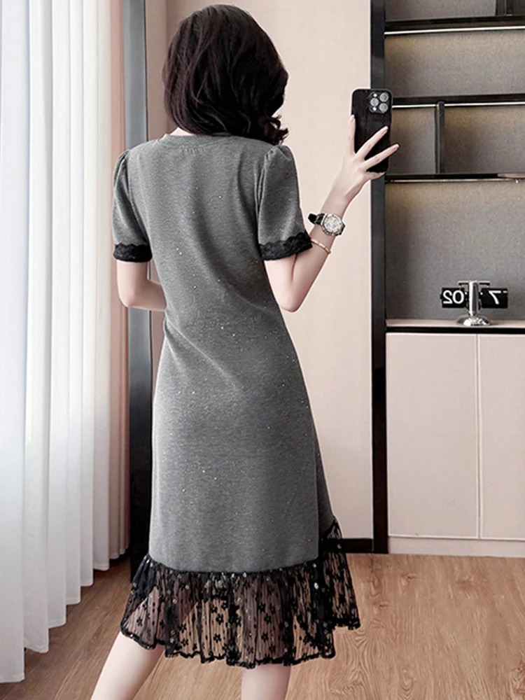 Large size light luxury butterfly lace patchwork heavy industry T-shirt skirt fat mm summer pleated slimming casual dress