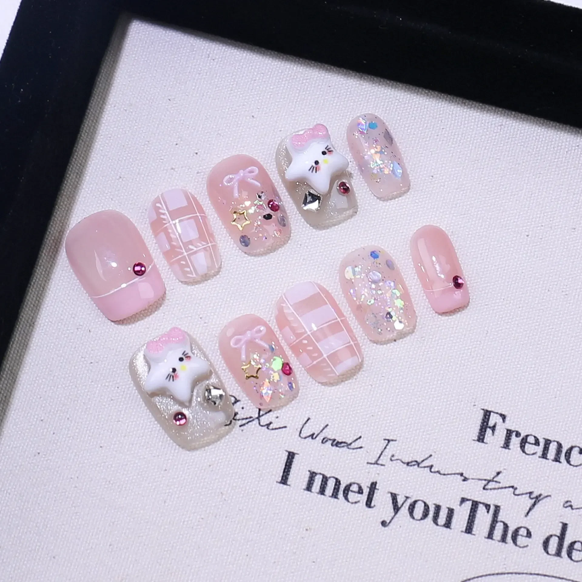 10 pçs artesanal imprensa em unhas dos desenhos animados franceses bonito gato arco curto ballet unhas falsas para mulher & menina removível destacável arte do prego