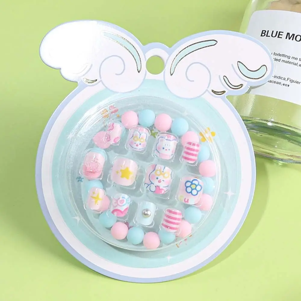 12Pcs/set Manicure Material Children False Nails Bracelet Full Cover Nail Art Tips with Bracelet Cartoon Fake Nails Rabbit