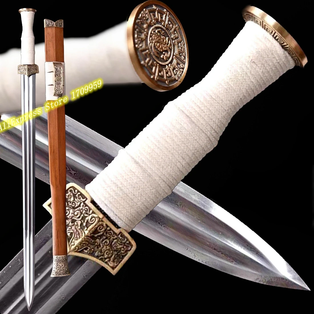 84CM*KungFu One Handed Sword Damascus Folded Steel Blade Full Tang Chinese Han Dynasty Double Edge Battle Jian Brass Fittings