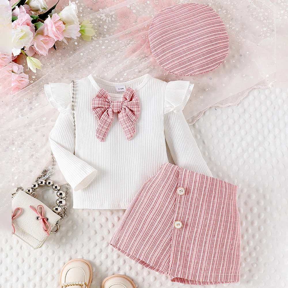 LAPA 6M-3Y Fall Winter Fashion 3PCS Set Baby Girls Sweet Striped Bow Long Sleeve Tops+Plaid Shorts+Hats Princess Toddler Outfits