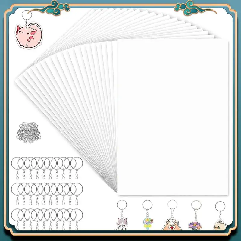(Nuevo)-160 Uds. Kit de hojas de plástico retráctil, hojas de papel retráctil de 7,9X5,7 pulgadas y llaveros, accesorios para manualidades DIY para niños
