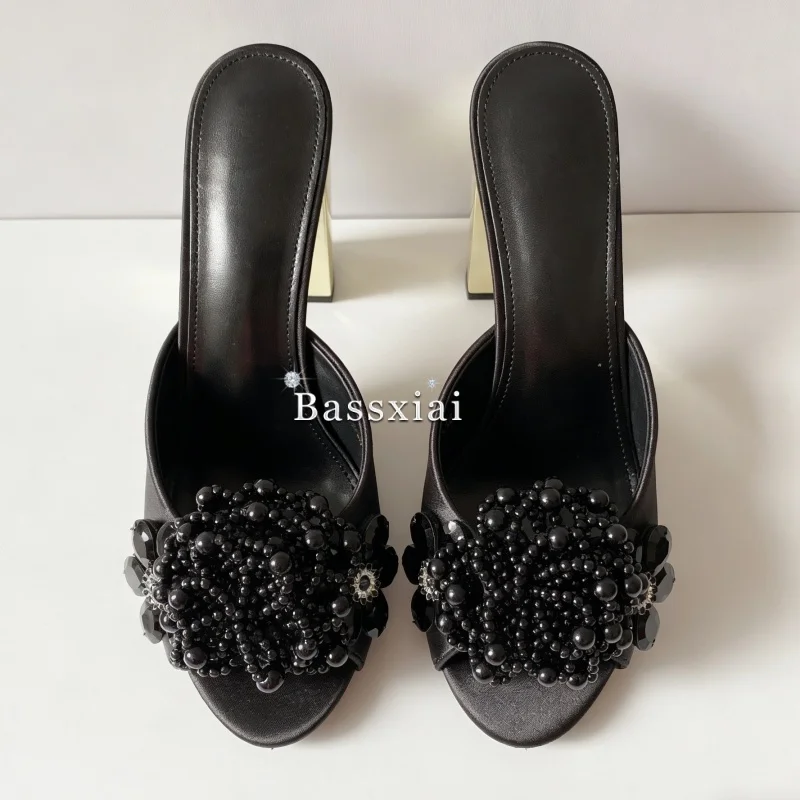 Luxury Crystal Beads Flower Sandals Women With Unique Strange Heel Slingbacks Outwear Mules For Girls Summer image 6