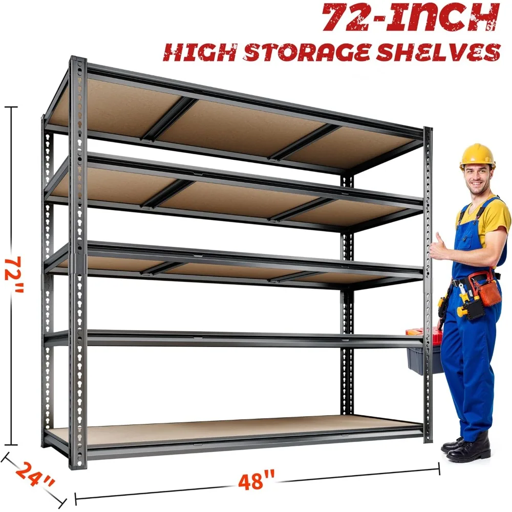 48"WGarage Shelving, 3050LBS Storage Shelves Heavy Duty,5 Tier Metal Shelving Unit Adjustable Garage Shelves Heavy Duty Shelving
