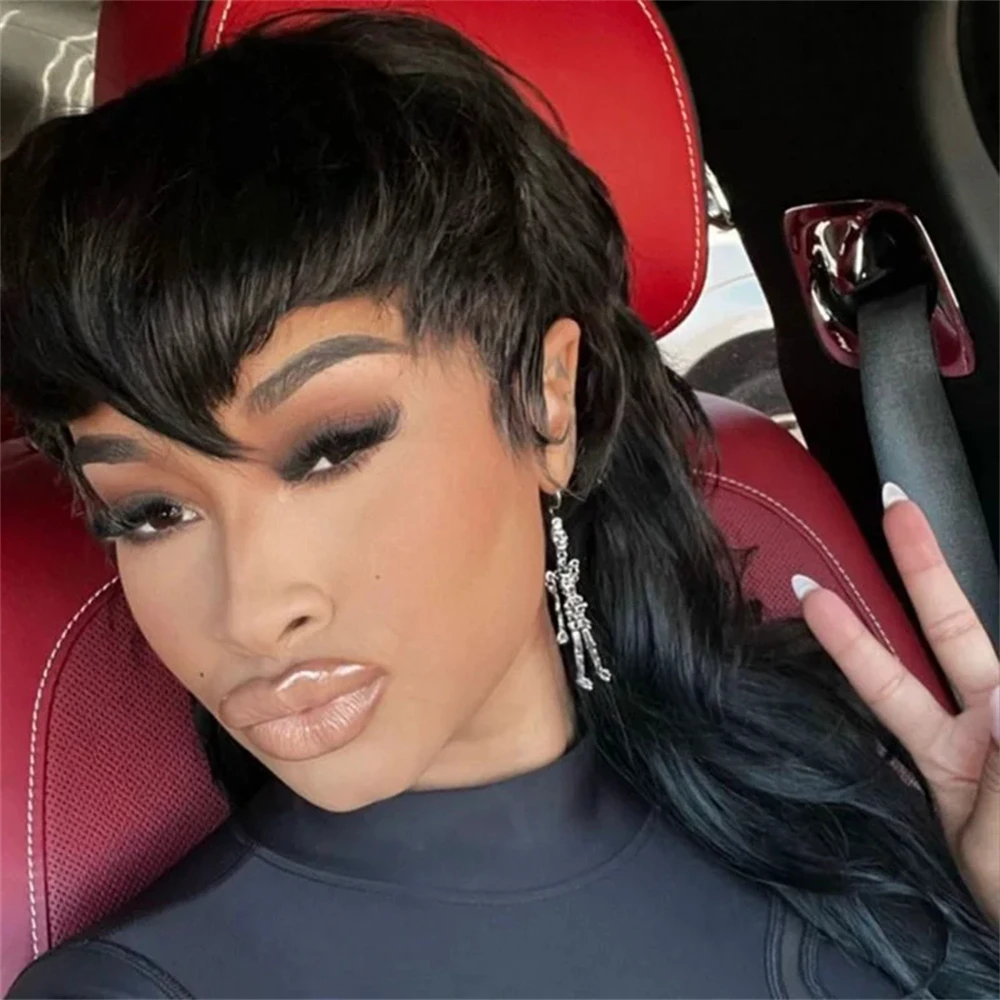 Black Mullet Human Hair Mullet Wig For Black Women Full Machine Made Wigs Brazilian Virgin Hair Wig With Bangs Easy to Wear Wigs