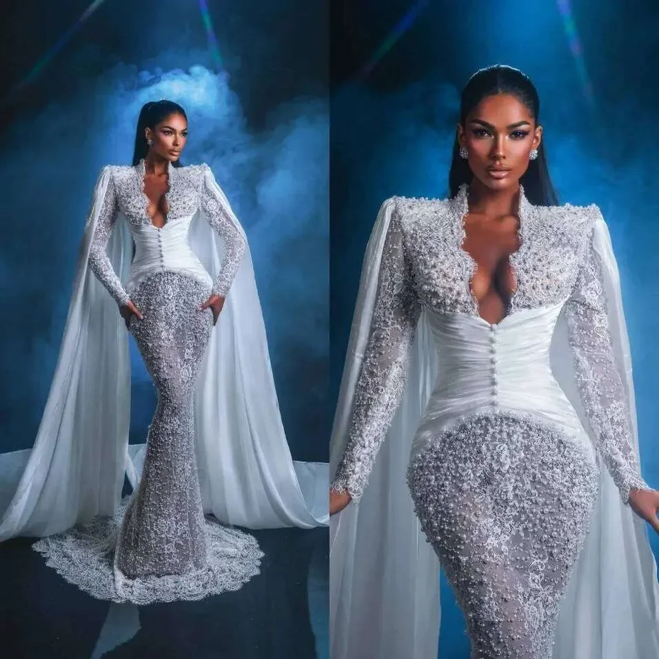 Customized V Neck Shinny Lace Pearls Mermaid Wedding Dress with Fly Away  Illusion Long Sleeve Plus Size Luxury Bridal Gowns