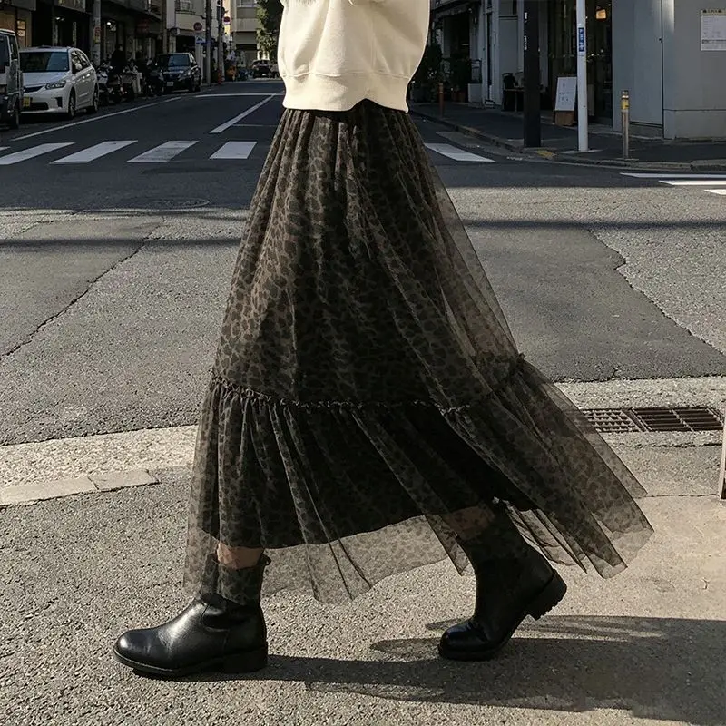 Leopard Print Retro Skirt Heavy Industry Mesh Design Sense Lace Dress