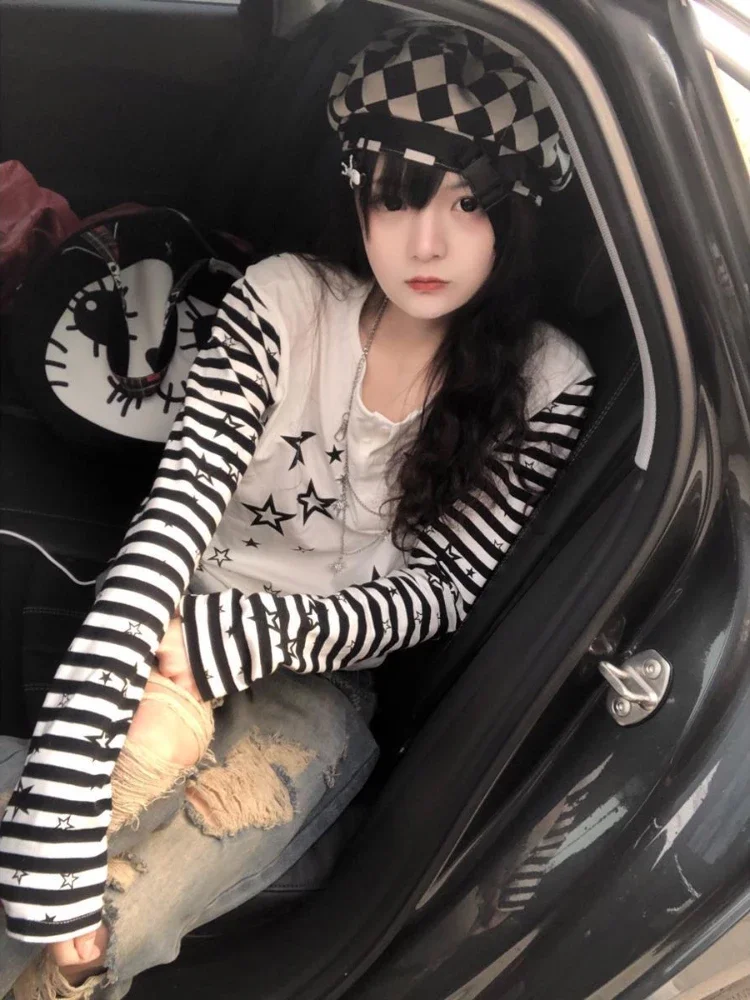 KOSAHIKI Streetwear Long Sleeve T Shirts Harajuku Women Punk Star Print Casual Striped  Shirt Japanese Y2k Aesthetic Grunge ee