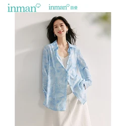 INMAN Women's Shirt with Art Hand Painted Water color 2024 Autumn Casual Women Blouse relaxed Long-sleeved Slit Female Top