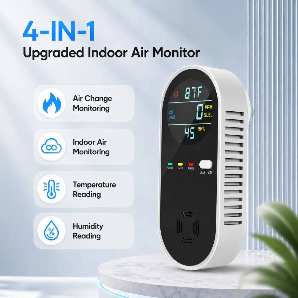4 in 1 LED Display Gas Detector Multi-functional Safety Alarm CO Sensor Plug In Carbon Monoxide Detector Basement