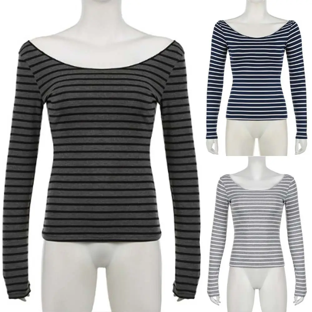 

Comfortable Basic Long Sleeve T-shirt Slim Crew Neck Striped Pullover Streetwear Korean Style Off Shoulder Tops Spring Autumn