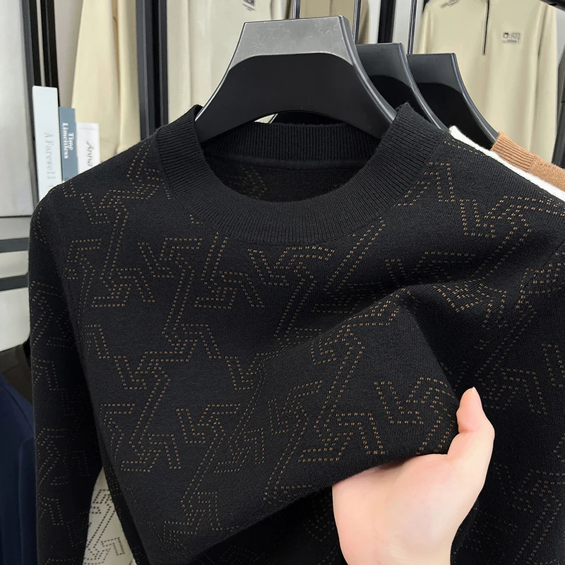

Мужской роскошный вязаный свитер с круглым вырезом и длинным рукавом с геометрическим узором, пуловер с защитой от катышков, осенне-зимний модный повседневный мужской свитер