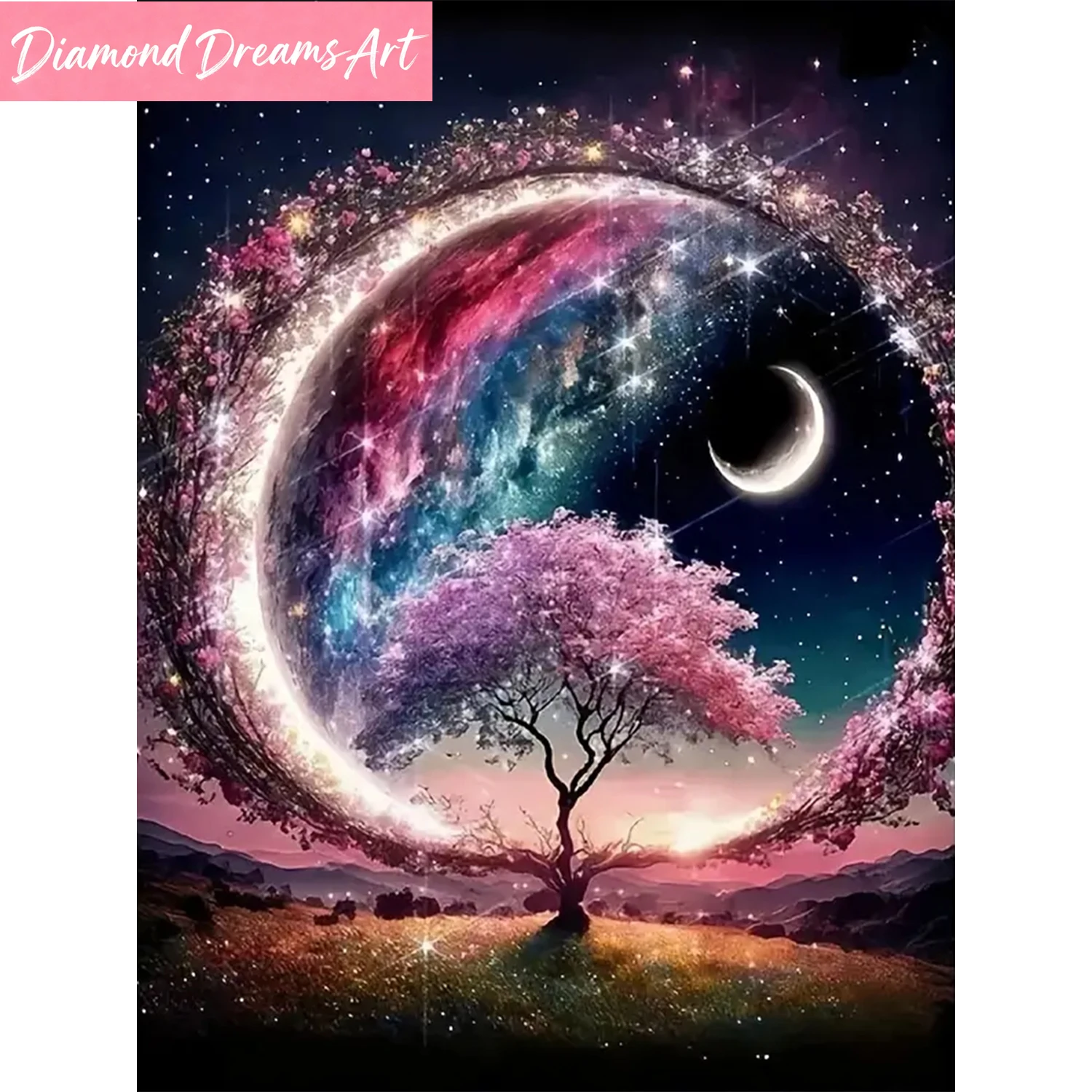 

Pink Starry Sky and Tree Pattern DIY Diamond Painting Kit, less full diamond art, multiple sizes to choose from,frameless
