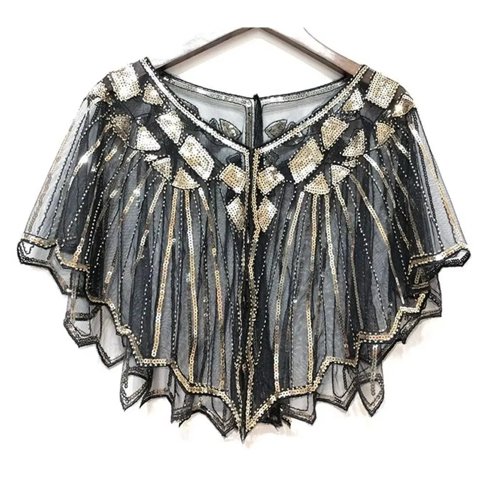 

Beaded Decoration Women's Sequins Shawl Vintage Mesh Evening Cape Short Cover Up Dress Accessory Flapper Party Shawl Ladies