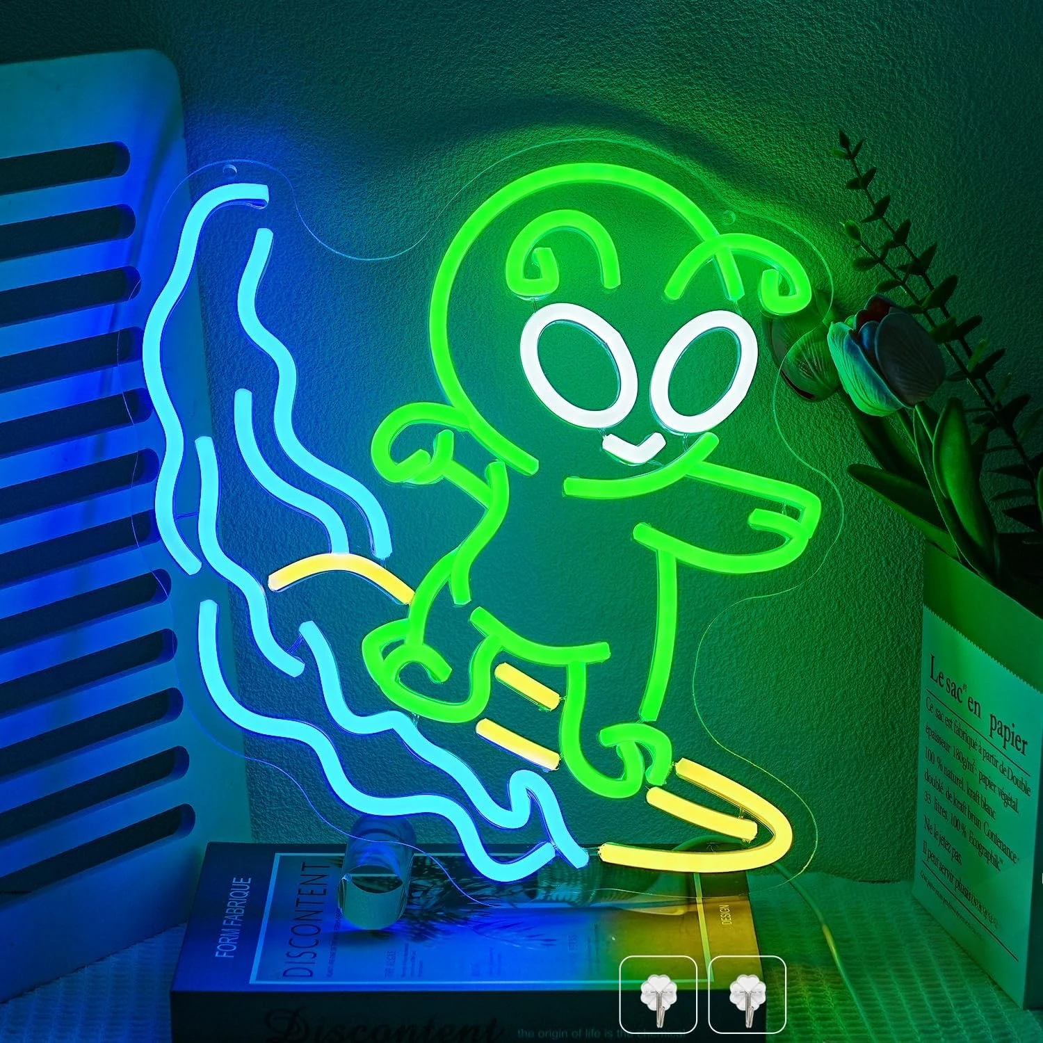 調光可能なグリーンエイリアンサーフィンネオンサイン、壁用、usb電源ledライトアップアート、男性の隠れ家、ゲームルーム、バー、または寝室の装飾用