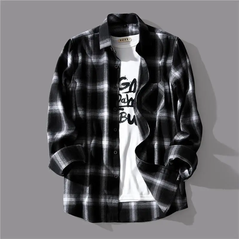 Pure Cotton Black and White Plaid Ontrasting Colors Shirt Men Korean Spring Loose Casual Single-breasted Long Sleeved Tops Coat