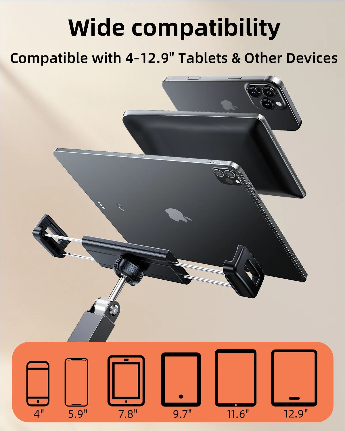 Oatsbasf 금속 태블릿 스탠드 홀더 클립 책상 침대 옆 360 °   4.7-13.5인치용 회전식 휴대폰 홀더 iPad용 안정적인 클램프 마운트