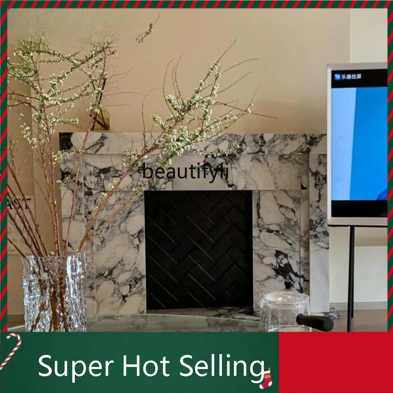 

D071 Stone Carving Fireplace French Modern Simplicity with American Style Arabescato Stone Fireplace Curio Cabinet