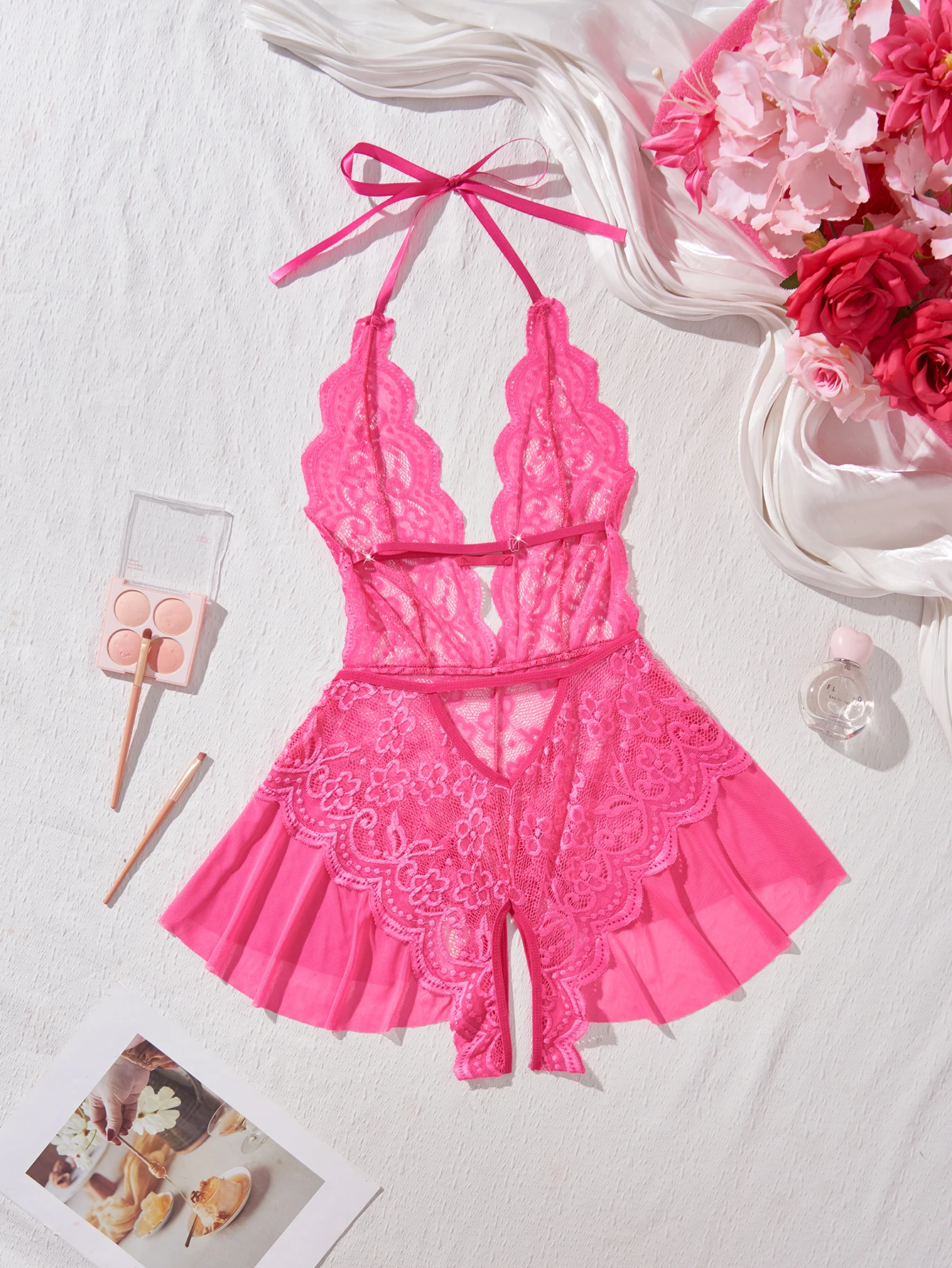 جديد حار قطعة واحدة الرسن الملابس الداخلية النساء أكمام فستان من الدانتيل المرقعة شفافة ملابس خاصة بيبي دول مثير مجموعة الملابس الداخلية #6