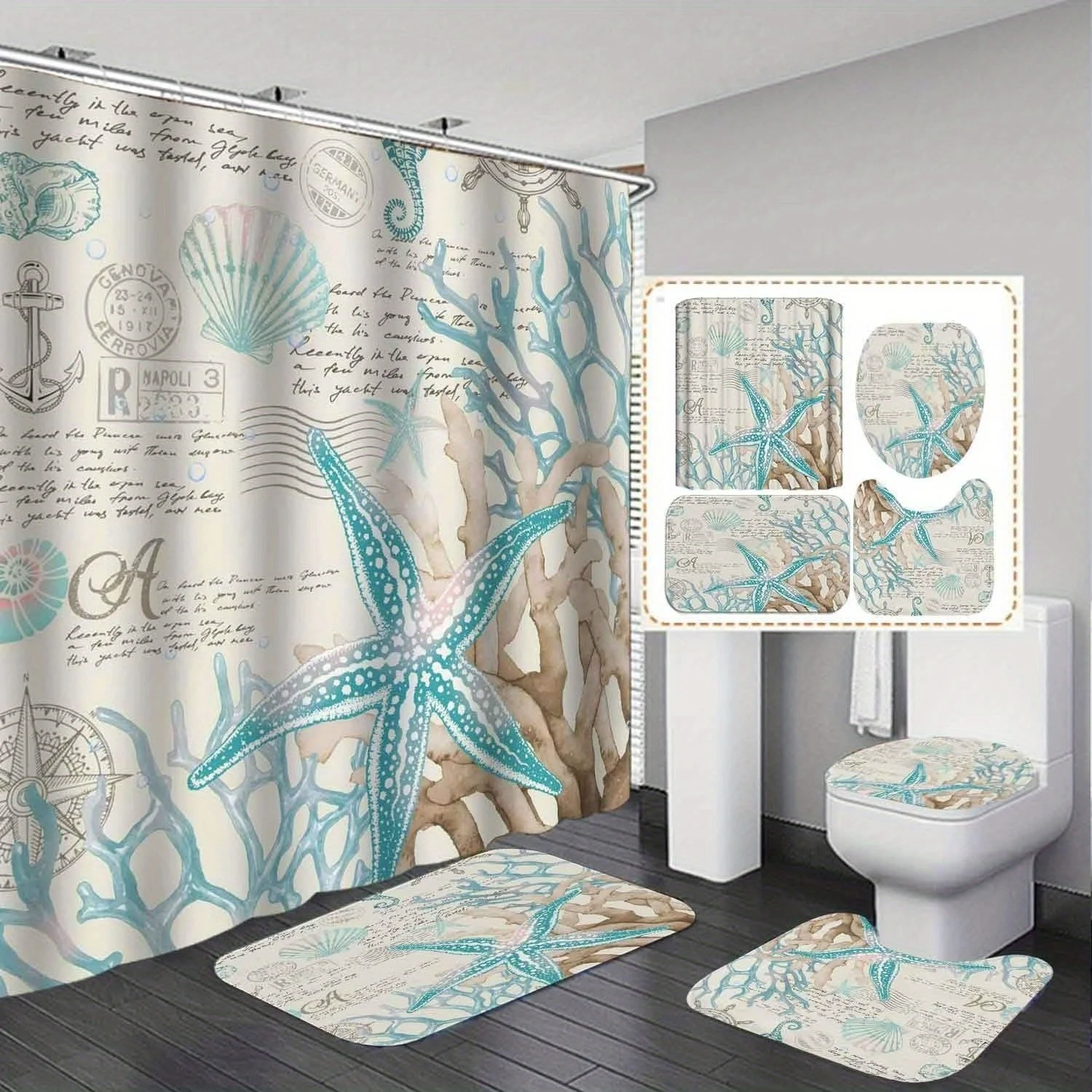 

4 шт. синяя и зеленая морская звезда пляжное украшение для ванной комнаты полиэфирная ткань занавеска для душа коврик для унитаза нескользящий коврик U-образный коврик