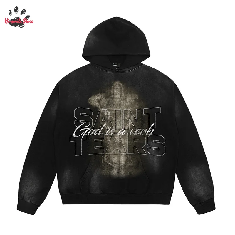 

SAINT TEARS Hoodies Men Woman Oversized Sweatshirts Hip Hop 2024FW New High Quality Washed Black Hooded Pullovers