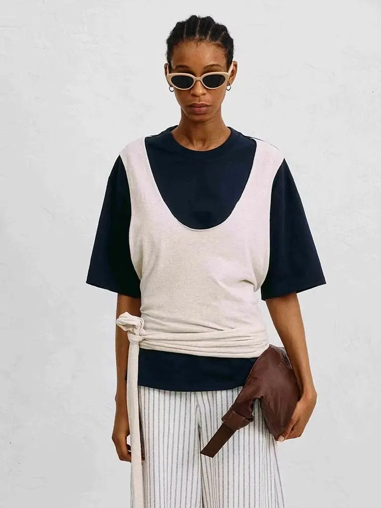 

New Annamooer Brand Patchwork T-irt GoGoBuyer St Store Ladies' Casual Cotton Linen ort Sve round Ne Top