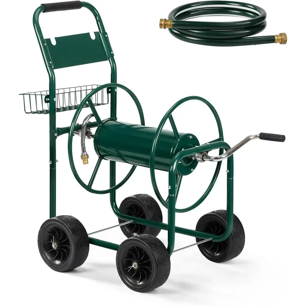 

Heavy-Duty Outdoor Garden Hose Cart with Storage Basket, Holds 300ft 5/8 Hose, 4 Wheels (Green)