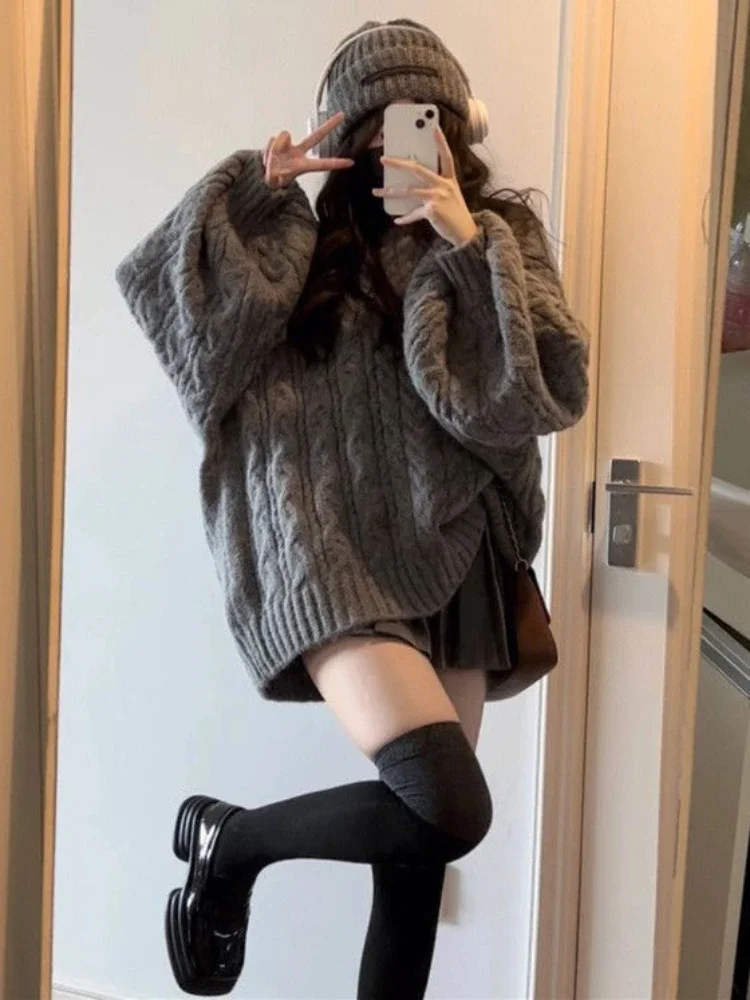 Camisola pullovers feminino na moda aconchegante estilo coreano outono doce manga longa malhas solto streetwear com decote em v retro concurso