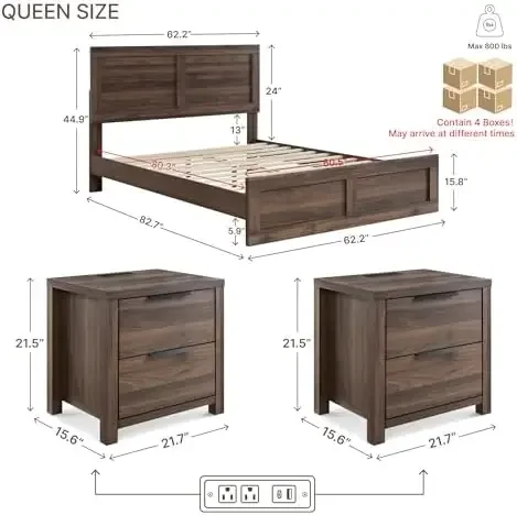 3 Pieces Bedroom Set, Queen Size Wood Platform Bed Frame and 2 Nightstands, Storage Nightstand with Type-C Charging - view 3