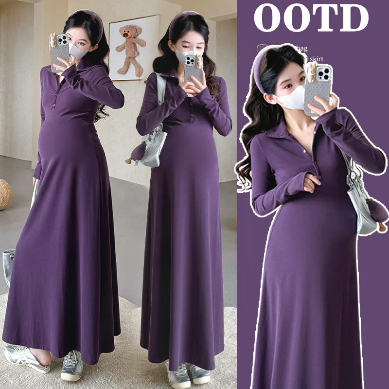 Maternity Dress Spring Autumn 2026 Minimalist  Versatile Polo Collar Long Sleeve High Waist Maxi Dress For Pregnant Women