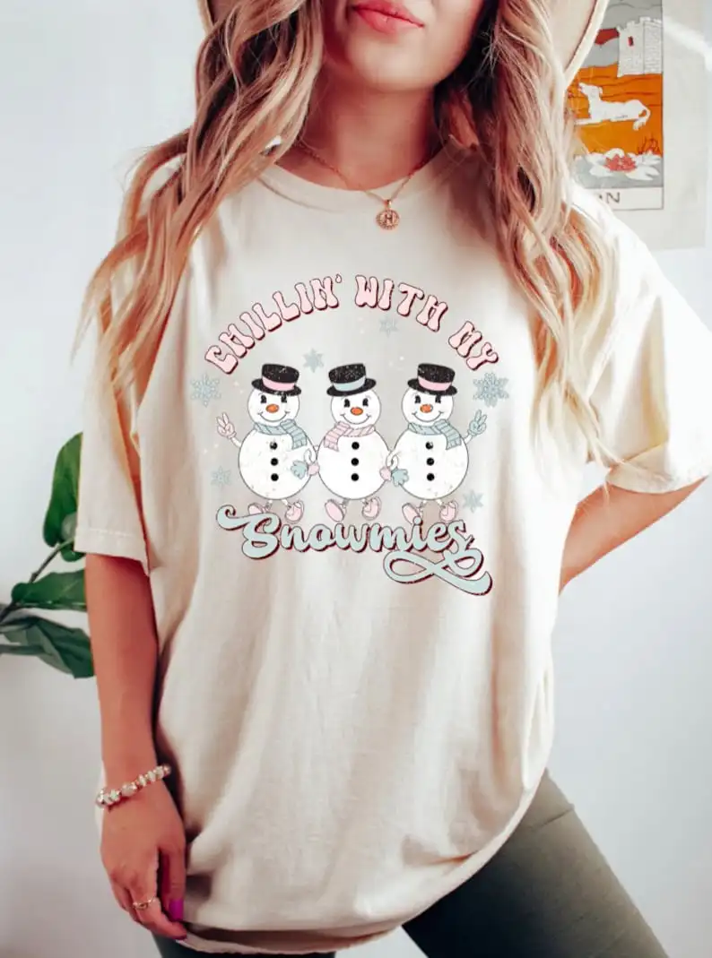 Retro Giáng Sinh Thoải Mái Màu Sắc Áo Sơ Mi, người Tuyết Ngộ Nghĩnh Ngày Lễ Graphic Tee Nữ Xmas Ngắn Tay Tee Cổ Tròn 100% Cotton Y2k