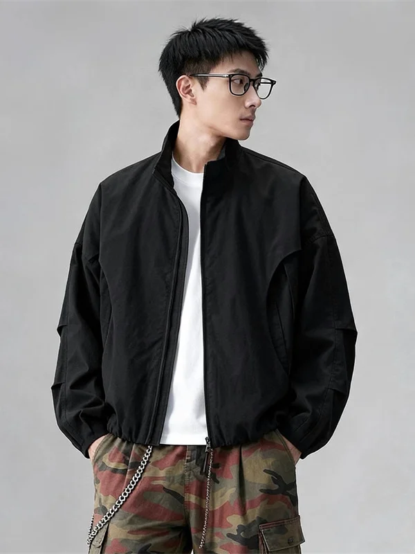 Short Stand Collar Knife Sleeve Jacket Men's Patchwork American INS Student Heavyweight British Style Cool Jacket Coat
