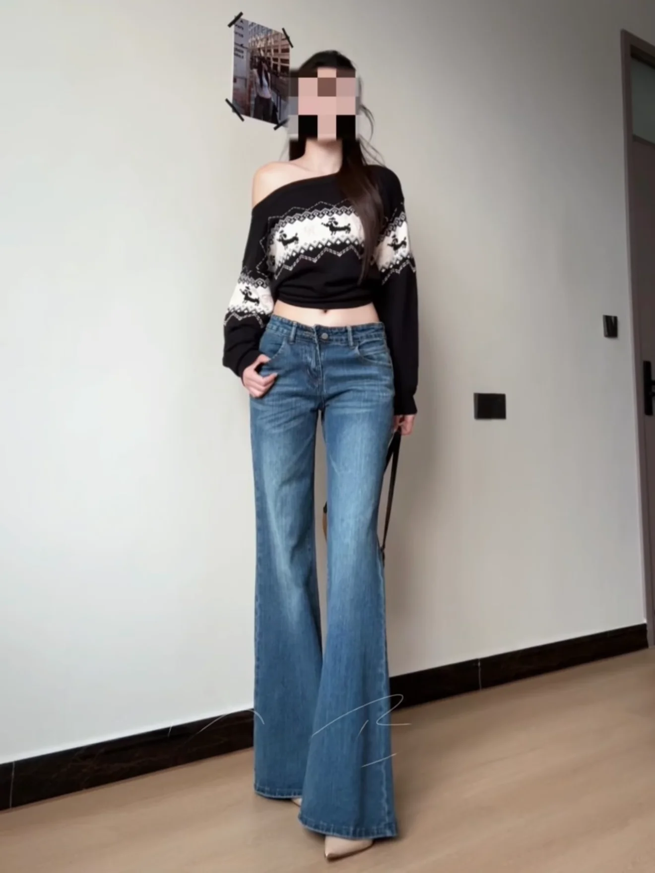 

Retro Heavyweight Bamboo Node Wide Leg Low Waist Bell Bot Jeans Korean Sle Slimming Floor Length Pants Cotton Stretch Denim