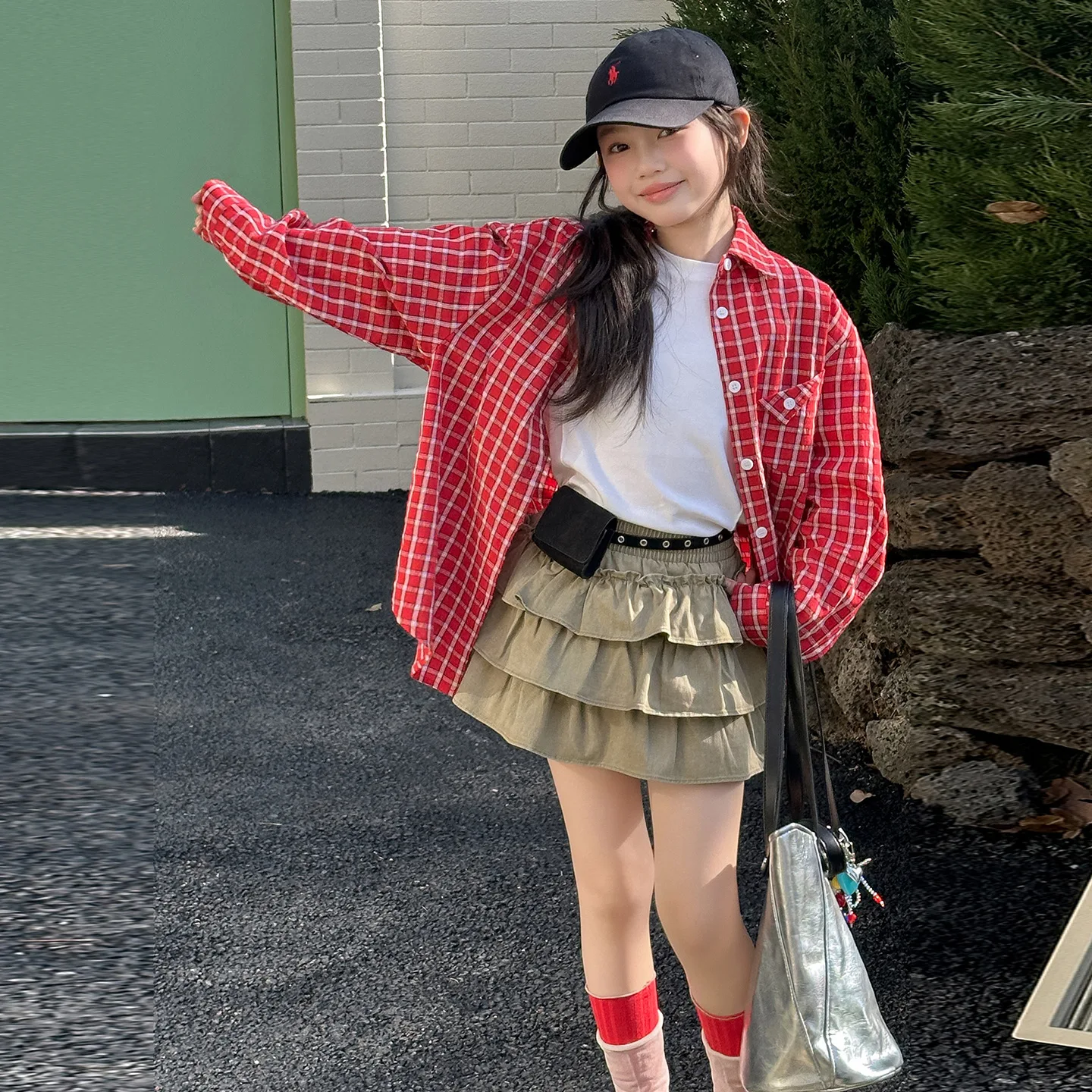 

New Spring Autumn Kids Clothes Teenager Girls Long Sleeve Outfits Fashion Plaid Blouse and Short Cake Skirt 2pcs Children Sets