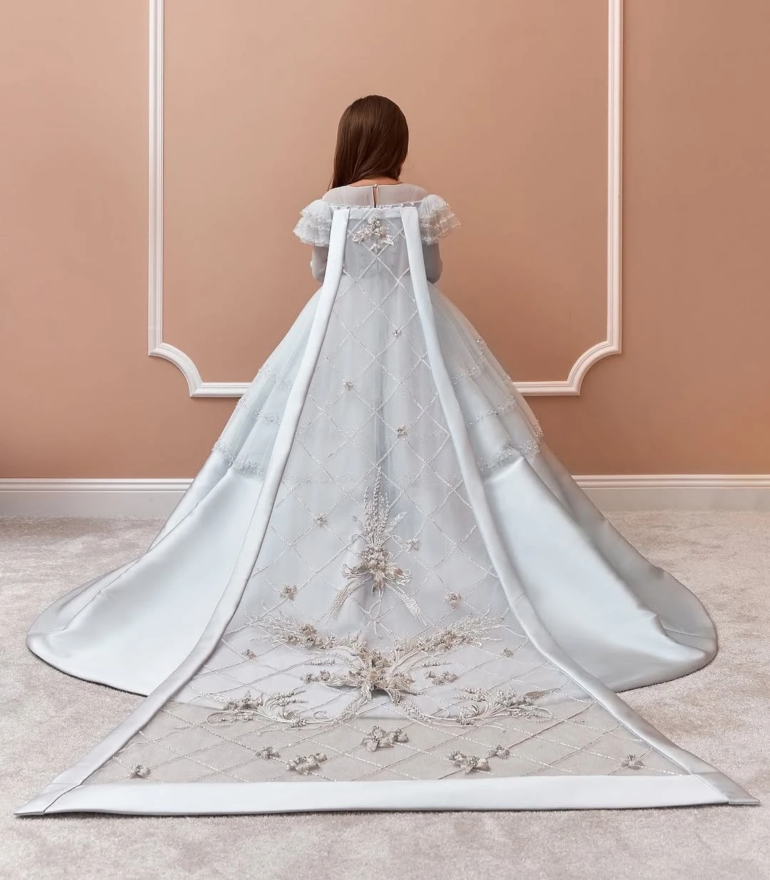 BABYONLINE Customized Ceremony Gown Girl Detachable Cape Tail Embroidery Crystal Stones Full Satin Floor-length Skirt Ball Gown