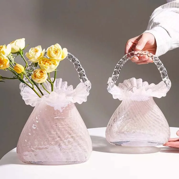 Handmade Crystal Flower Basket Figurine Hand Blown Glass Plant Vase Craft Living Room Flower Arrangement Home Wedding Decor