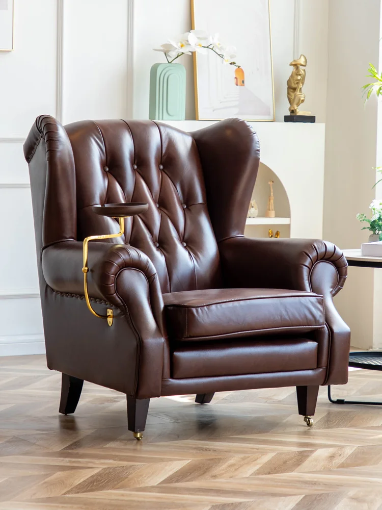 Single Sofa Chair European Style Living Room Retro Style Tiger Chair Cowhide Leather Buckle Hotel Godfather Cigar