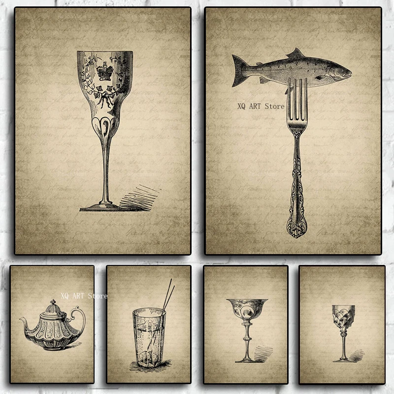 

Vintage Kitchen HD Posters with Wine Glass Teapot Antique Cutlery Fish Canvas Paintings And Prints For Living Room Home Decor