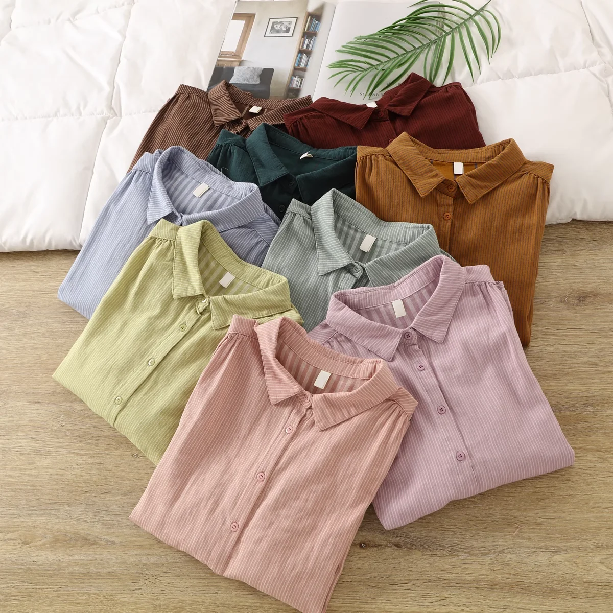 100% katoenen garen dames gestreepte shirts Japan stijl casual roze groen blauw streep blouses met lange mouwen kantoor dames tops