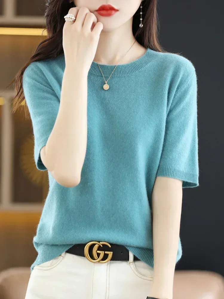 Spring Summer Short Half Sleeve Top 2024 Thin Ladies Knitted Short Sleeve Loose T-Shirt Sweater Pullover Multi-color optional