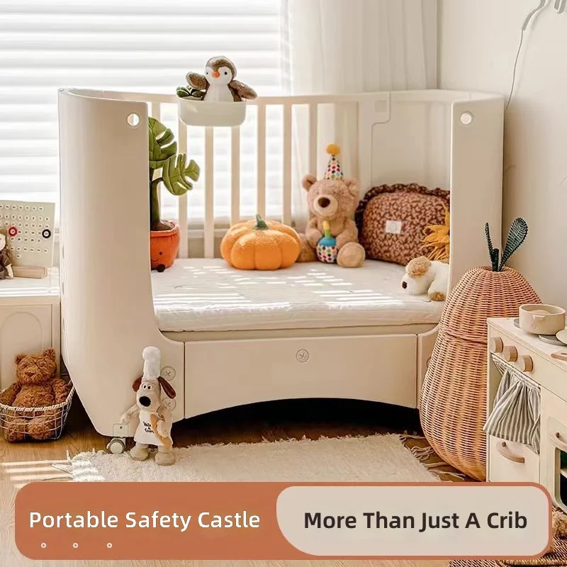 Baby Crib Adjustable Portable Convertible Bed, Playpen Multi-Function Diaper Changing Table, Height Adjustable, 2-in-1 Design