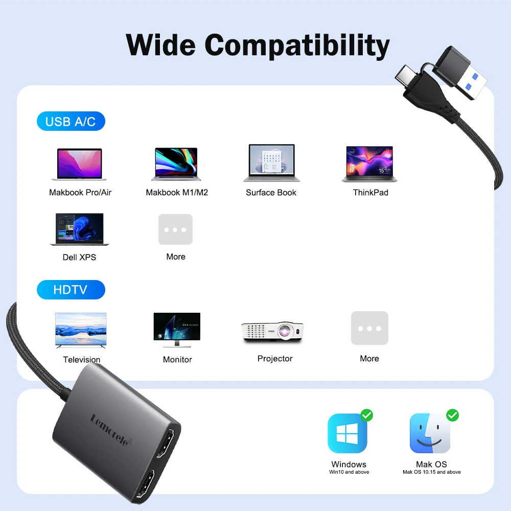Lemorele Dual HDMI Adapter 4K Type C To HDMI-compatible USB C HUB Adapter USB C Cable Converter For Macbook Projector TV Laptop