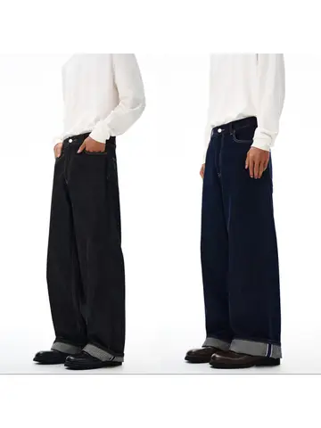 2025 autumn fashion original color straight leg rolled edge jeans for men, loose and versatile Japanese style long pants